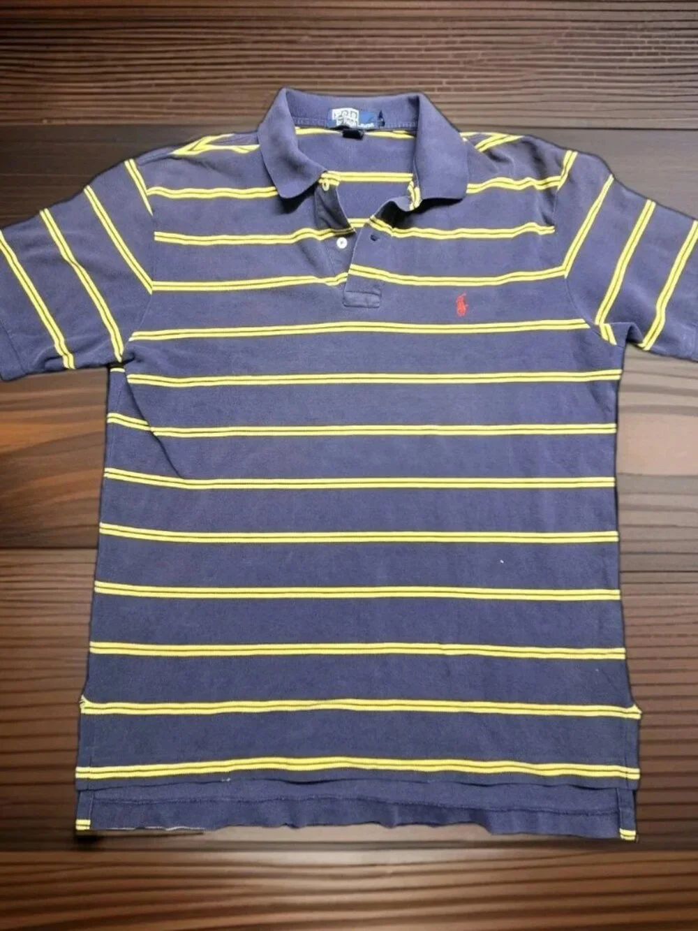 VTG Polo Ralph Lauren Stripe Polo Navy Yellow L 90s USA Tag Distressed Wear